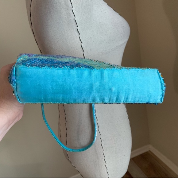 Y2k Luisa Spagnoli Blue Sequin Beaded Shoulder Hand Bag Purse - Picture 6 of 13